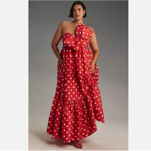 Anthropologie Red and White Polka Dot One-Shoulder Maxi Dress